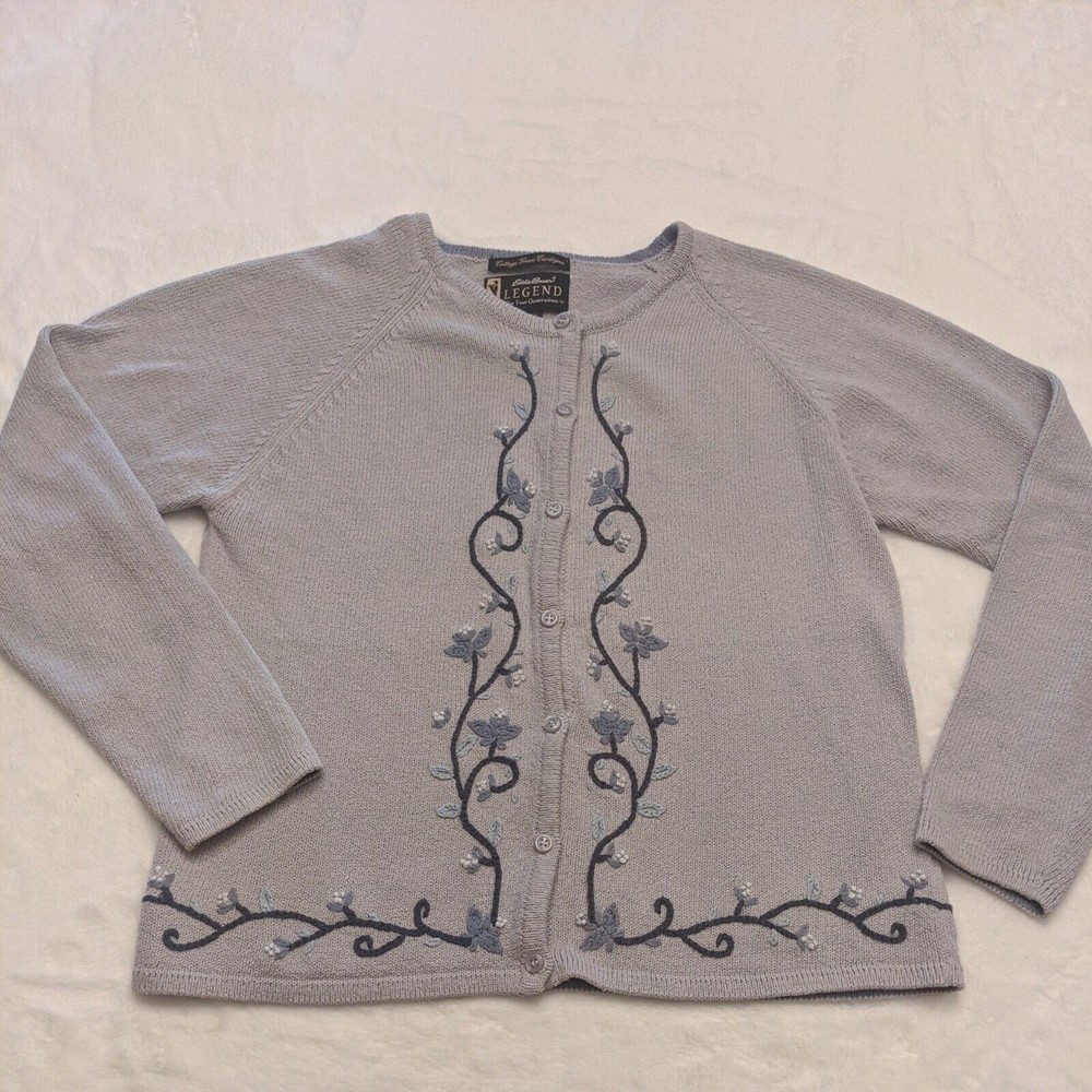 Eddie Bauer Legend Cardigan Sweater Embroidered Floral Design Button Down